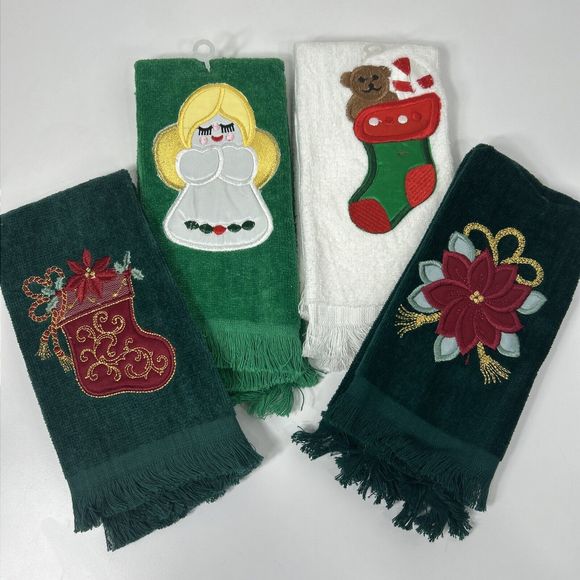Seasonal Fingertip Towel Embroidered Applique Lot Angel Poinsettia Holiday NWOT - Picture 1 of 5